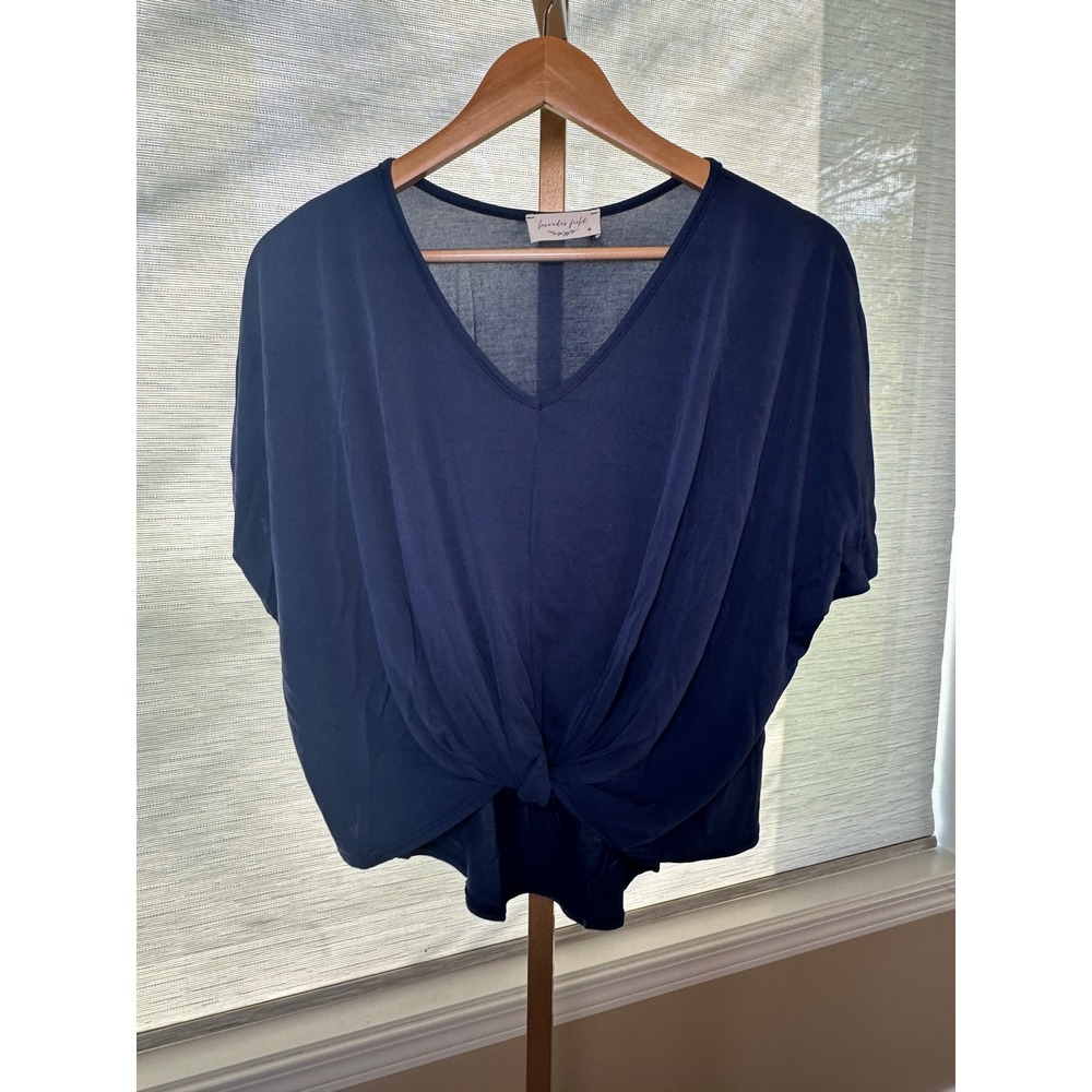 Lavender Field Women's‎ Blue Knot Front V Neck Short Sleeve Top
